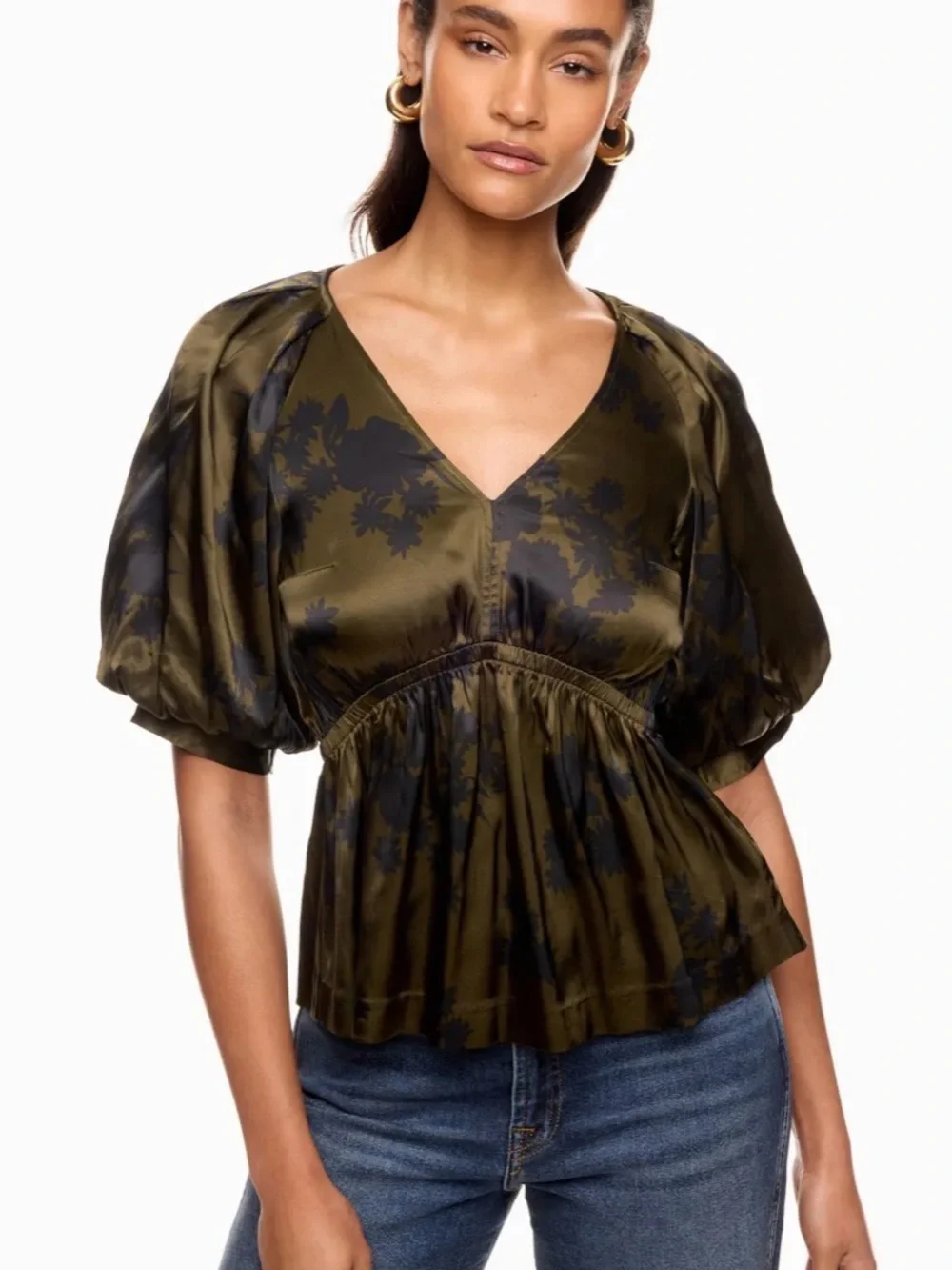 Madewell Kathleen Olive Green V-Neck Puff Sleeve Top